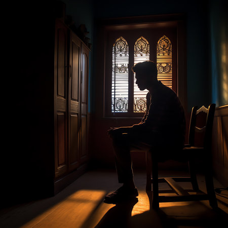 Generative AI : Alone man silhouette staring at the window closed with curtains in bedroom Man stands at window aloneの素材