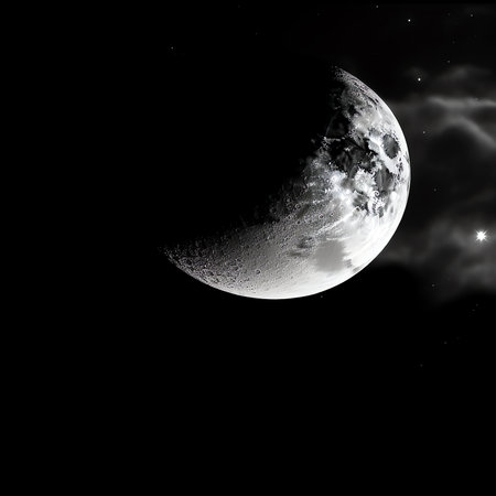 Generative AI : Amazing Crescent Moon on dark blue night sky backgroundUniverse filled with stars nebula and galaxy with noise and grainselection focusの素材