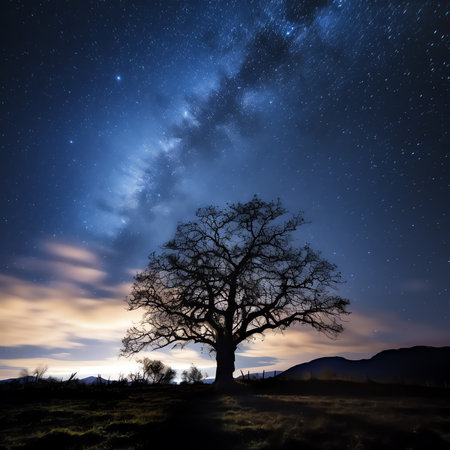 Generative AI : Alone tree and Milky Way arch at night Landscape with old tree bright arched milky way sky with stars hills at sunrise Beautiful universe Space background with starの素材