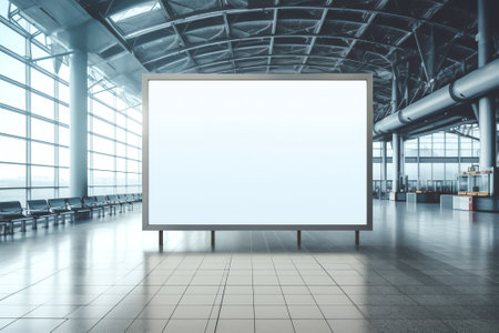 Generative AI : An empty billboard mockup next to a travelator in a modern airport arrival area a white blank poster template indoors of a terminal of public transport building orの素材