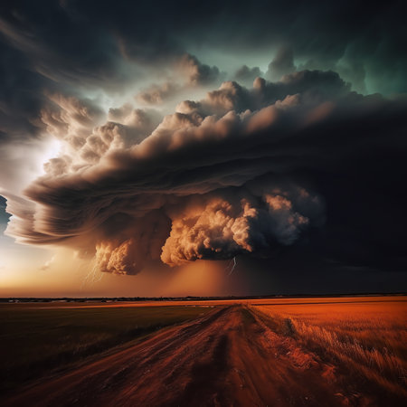 Generative AI : An impressive natural picture of a thundercloud with thunderbolts over a wide fieldの素材