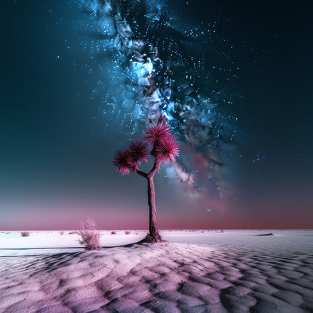 Generative AI : Alone tree and Milky Way arch at night Landscape with old tree bright arched milky way sky with stars hills at sunrise Beautiful universe Space background with starの素材