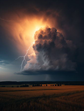 Generative AI : An impressive natural picture of a thundercloud with thunderbolts over a wide fieldの素材