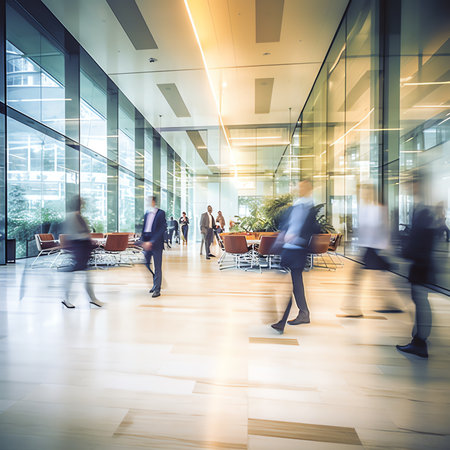 Generative AI : Anonymous Blurred business people walking in a office centerの素材
