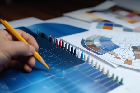 Generative AI : Architect designer Interior creative working hand drawing sketch plan blueprint selection material color samples art tools Design Studioの素材