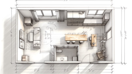 Generative AI : Architect designer Interior creative working hand drawing sketch plan blueprint selection material color samples art tools Design Studioの素材