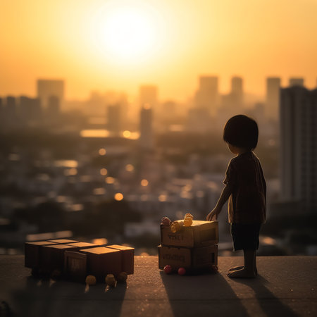Generative AI : Asian boy on fathers shoulders with background of new high buildings and silhouette construction cranes of evening sunset father and son conceptの素材