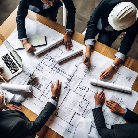 Generative AI : Architect man brainstorm collaboration ideas pointing blueprints at the officeの素材