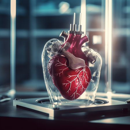 Generative AI : Artificial plastic model of human heart standing against background of cardiologist closeupの素材