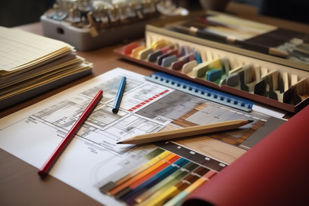 Generative AI : Architect designer Interior creative working hand drawing sketch plan blueprint selection material color samples art tools Design Studioの素材