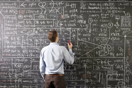 Generative AI : At the blackboard Close up of a person writing mathematical equation on chalkboardの素材