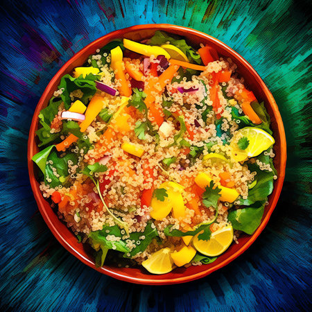 Generative AI : Avocado quinoa roasted sweet potato spinach and chickpeas salad in black bowl Top view copy spaceの素材