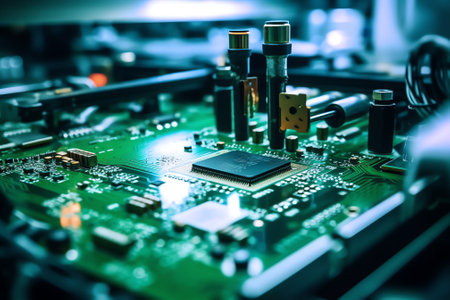 Generative AI : Automated Robotic Industrial Equipment is Testing Electronic Printed Circuit Board with Light and Laser Technology After Assemblyの素材