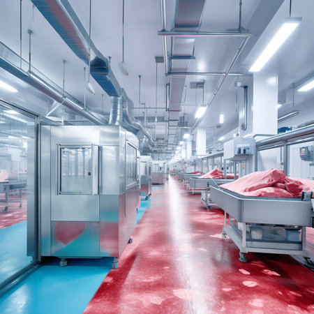 Generative AI : Automatic meatballs pork slices fresh meat food production line on conveyor belt equipment machinery in factoryの素材