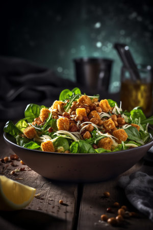 Generative AI : Avocado quinoa roasted sweet potato spinach and chickpeas salad in black bowl Top view copy spaceの素材