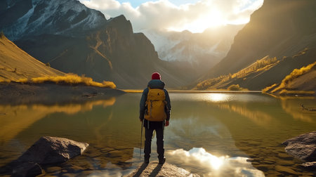 Generative AI : Back view of unrecognizable tourist in yellow jacket and hat admiring picturesque lake surrounded by massive rocky mountains with snowy slopes during trip in Patagoの素材