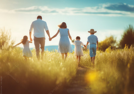 Generative AI : Babys legs are walking on grass in park at sunset Cute baby walks with mom on lawn in sun Baby learns to walk with dad Holding boys hand Mother supports child takinの素材