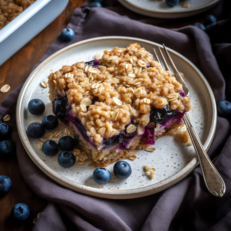 Generative AI : Baked Blueberry Almond Mascarpone French Toast in baking dish on grey concrete table vertical view from above copy spaceの素材