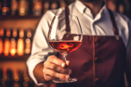 Generative AI : Bartender pouring red wine from bottle into glass indoors closeupの素材