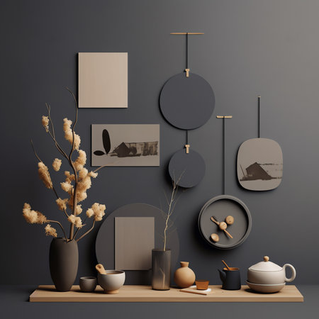 Generative AI : Beautiful grey wall with different home related objectsの素材