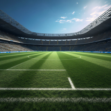 Generative AI : Ball in green field in soccer stadium ready for gameの素材
