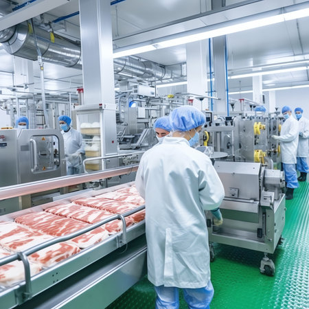 Generative AI : Automatic meatballs pork slices fresh meat food production line on conveyor belt equipment machinery in factoryの素材