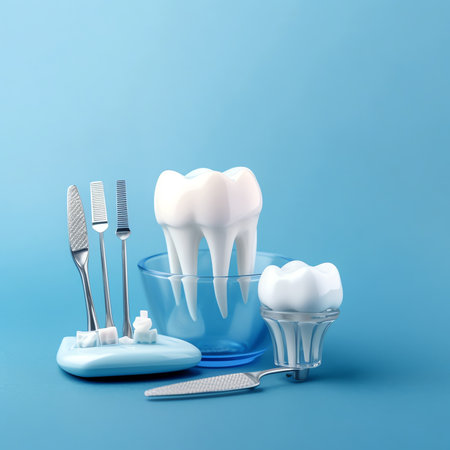 Generative AI : Banner dentists room office Closeup different dental instruments and tools blue toningの素材