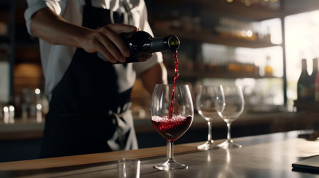 Generative AI : Bartender pouring red wine from bottle into glass indoors closeupの素材