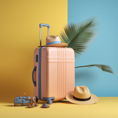 Generative AI : Banner Summer Time Blue and Pink Trunks Straw and Fabric Hats Two Suitcases Luggage Travel Concept Holiday Adventure Trip Isolated on Blue Backgroundの素材