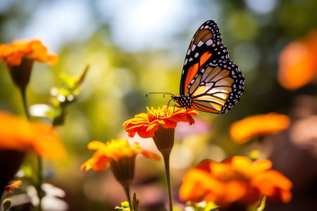 Generative AI : Beautiful image in nature of monarch butterfly on lantana flowerの素材