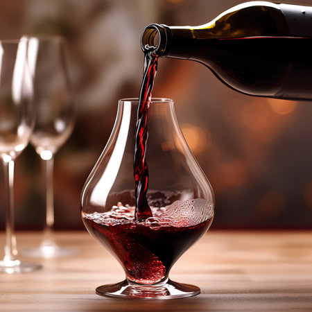 Generative AI : Bartender pouring red wine from bottle into glass indoors closeupの素材