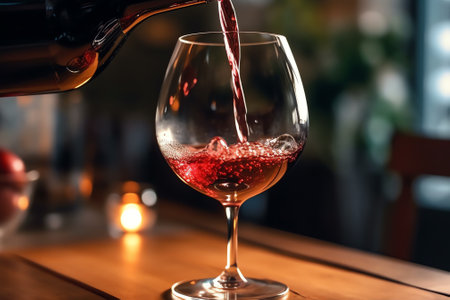 Generative AI : Bartender pouring red wine from bottle into glass indoors closeupの素材
