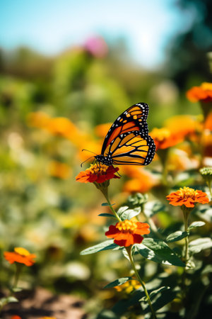 Generative AI : Beautiful image in nature of monarch butterfly on lantana flowerの素材