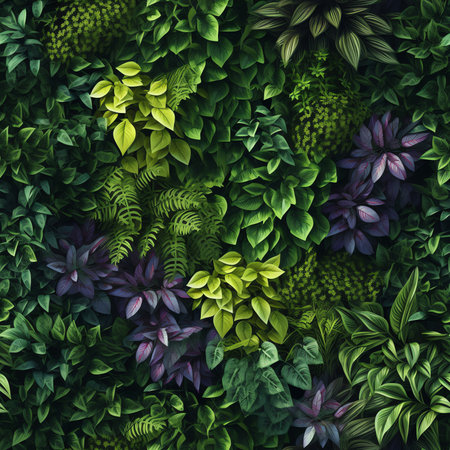 Generative AI : Beautiful nature background of vertical garden with tropical green leafの素材