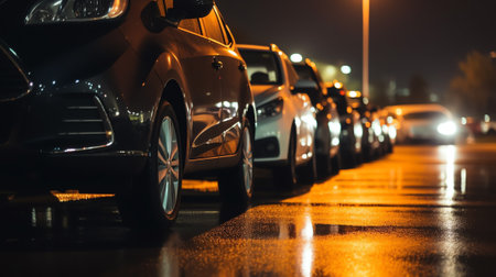 Generative AI : Black sedan cars standing in a row Fleet of generic modern cars Transportation Luxury car fleet consisting of generic brandless design isolated in dark background aの素材