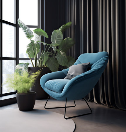 Generative AI : Blue cornflower dark blue color armchair and small chair for legs Modern designer armchair on white background Textile armchair and chair Series of furnitureの素材