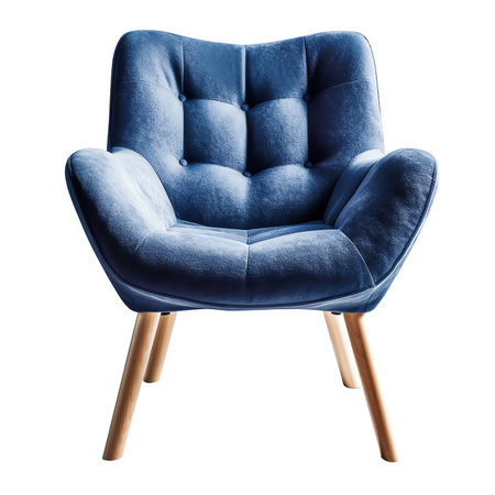 Generative AI : Blue cornflower dark blue color armchair and small chair for legs Modern designer armchair on white background Textile armchair and chair Series of furnitureの素材