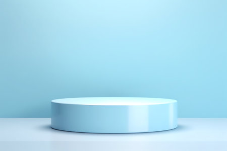 Generative AI : Blank round geometric shape light blue podium platform on paper cut abstract minimal geometric shape blue and yellow color background Top view mock up for product dの素材