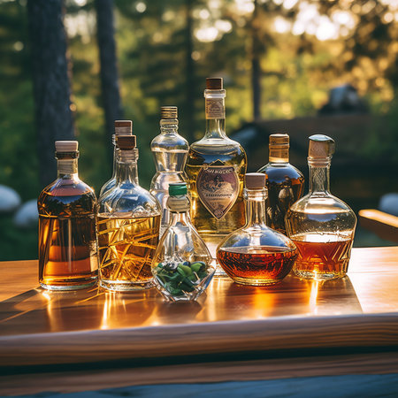 Generative AI : Bottles and glasses of assorted alcoholic beveragesの素材