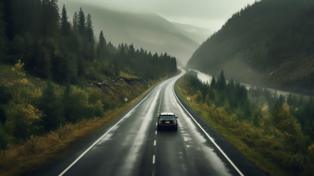 Generative AI : Blurred car on the road in spring forest in rain Perfect asphalt mountain road in overcast rainy day Roadway pine trees in alps Transportation Highway in foggy woodの素材