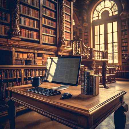 Generative AI : Book cart with sign at bookshelf in empty college libraryの素材