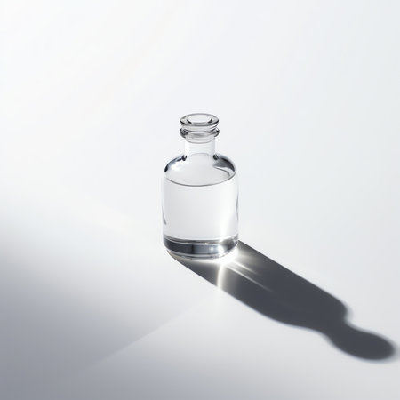 Generative AI : Bottle of essence perfume on white background with sunlight and shadows of leaves Minimal style perfumery templateの素材