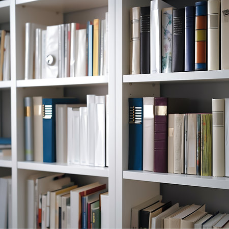 Generative AI : Bookshelf in library with many books Shallow dofの素材