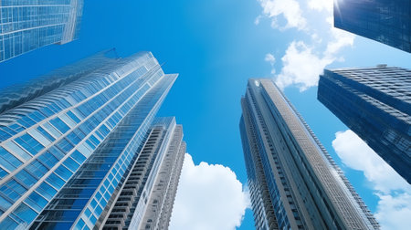 Generative AI : Bottom view of modern skyscrapers in business district against blue sky Looking up at business buildings in downtownの素材
