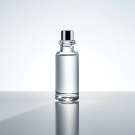 Generative AI : Bottle of essence perfume on white background with sunlight and shadows of leaves Minimal style perfumery templateの素材