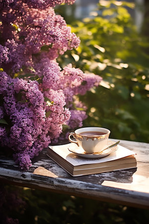 Generative AI : Bouquet of meadow flowers croissant cup of tea or coffee books on table in summer garden Rest in garden reading books breakfast vacations in nature concept Summertiの素材