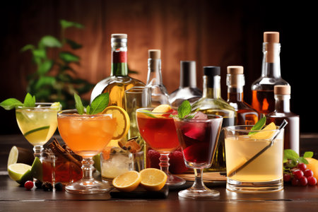 Generative AI : Bottles and glasses of assorted alcoholic beveragesの素材