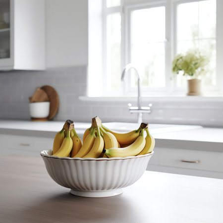 Generative AI : Bowls with banana puree on white table Baby foodの素材