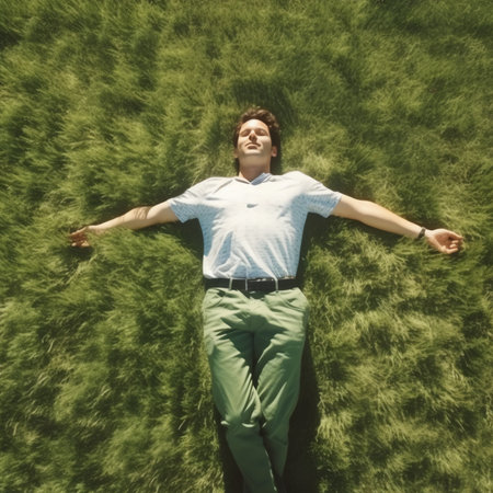 Generative AI : Boy back laying cozy on pillow in green grass and watching film at open cinema in public green parkPerfect spending weekend time in open airの素材