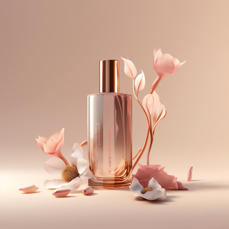 Generative AI : Bottle of perfume mockup on white background with fresh flowers decorationの素材